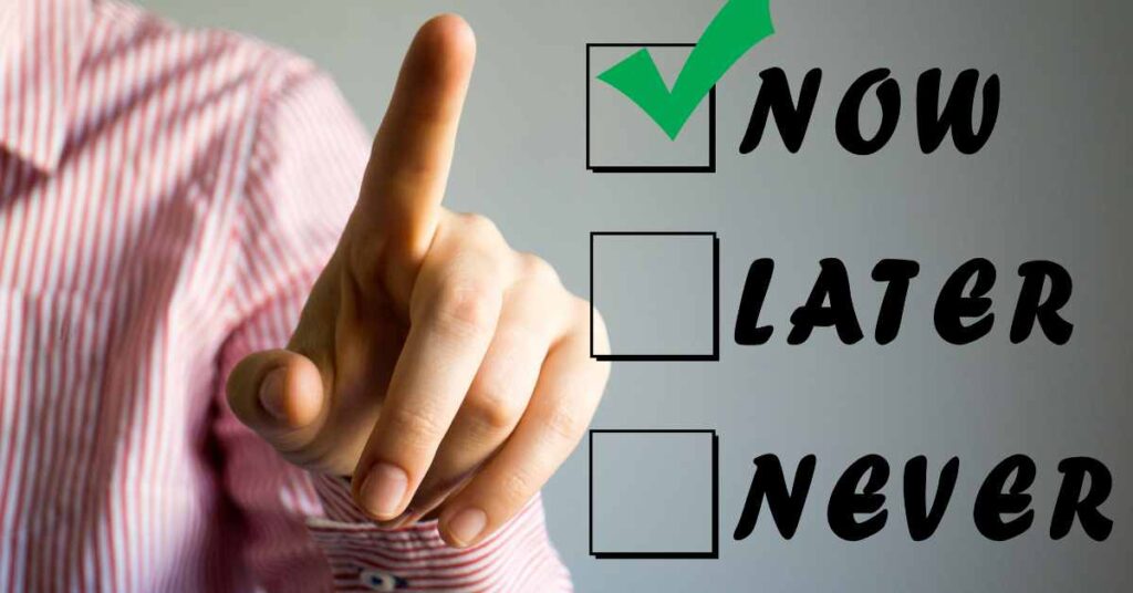 An individual points at a checklist that says "now, Later, never" representing how procrastination can impact our decision making. Therapy for Procrastination in Birmingham, AL can help!