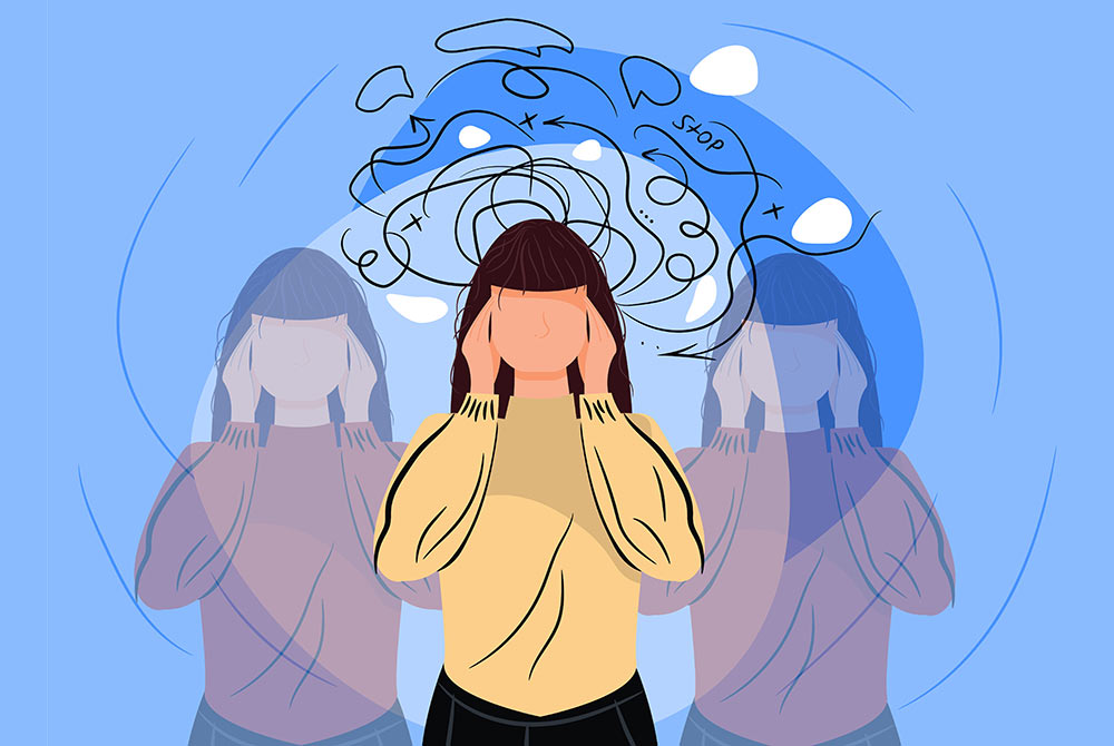 Image of a stressed cartoon holding her hands on the side of her head feeling anxious. Discover effective ways to cope with your anxiety due to trauma with EMDR therapy in Birmingham, AL.