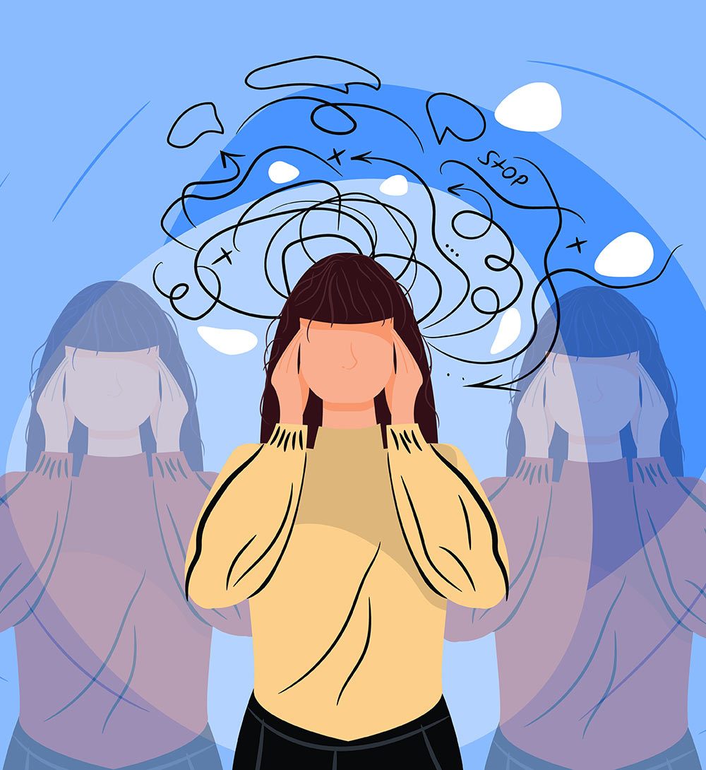 Image of a cartoon woman holding her hands to the side of her head with multiples of her displaying anxious thoughts. Work through your trauma with a skilled EMDR therapist and begin coping in healthy ways with EMDR therapy in Birmingham, AL.